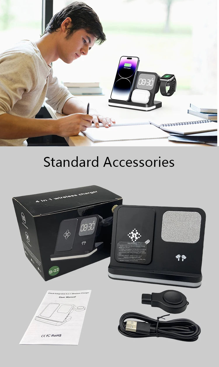 Four in one desktop clock wireless charger that can charge phones, headphones, and watches simultaneously