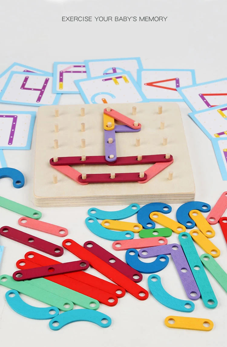 Wooden Geometric Pegboard Construction and Pattern Puzzle Set