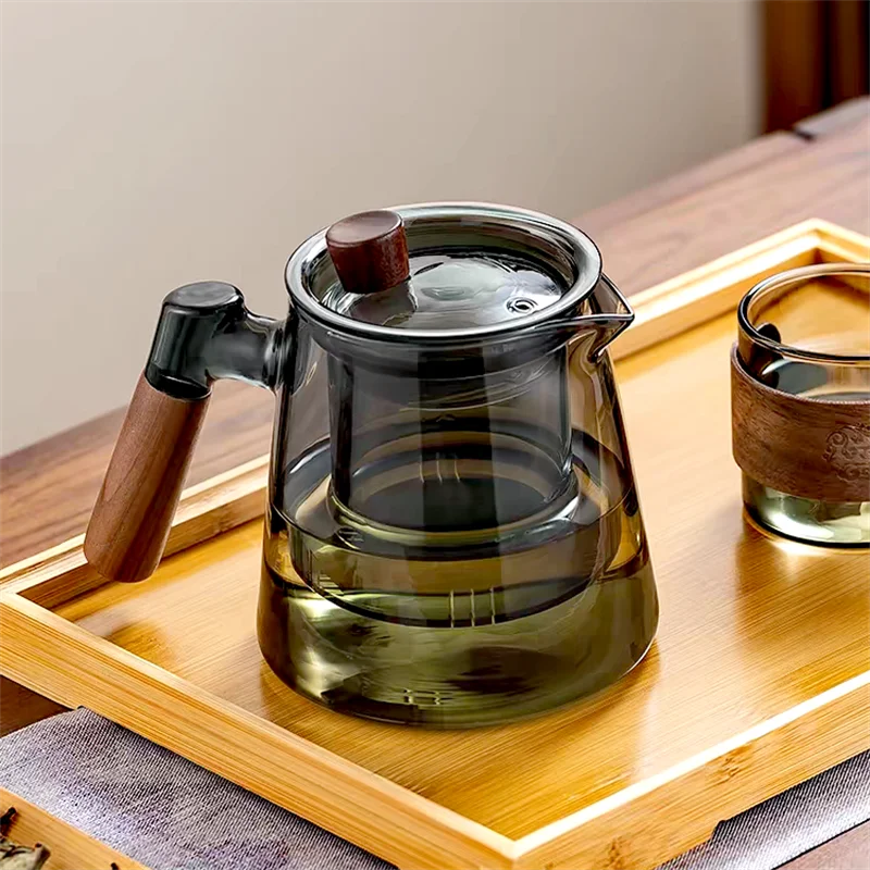 600ml Walnut Wooden Handle Glass Teapot with Tea Water Separation Filter