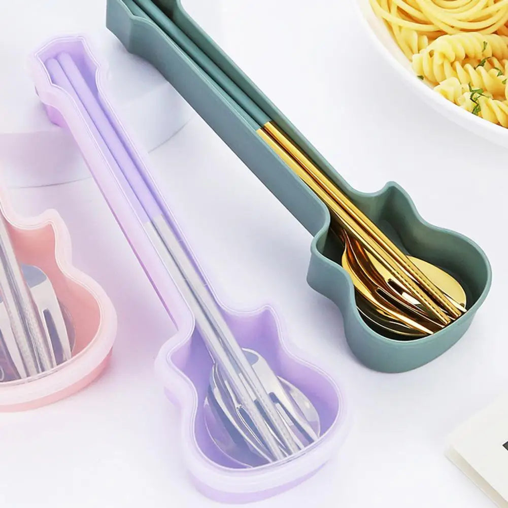 2/3Pcs Cutlery Set Fork Spoon Chopsticks Dinnerware Set 304 Stainless Steel Portable Travel Flatware Guitar Box