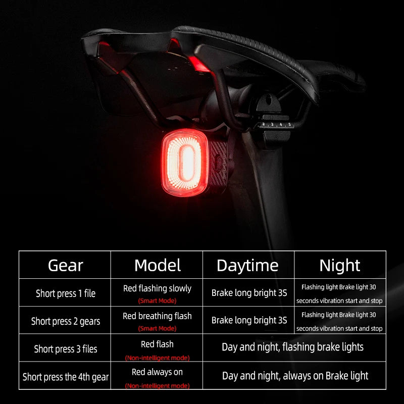 Smart Bicycle Brake Light IPx6 Taillight Type-C Bike Tail Rear Light Auto Stop LED Riding Warning Cycling Light