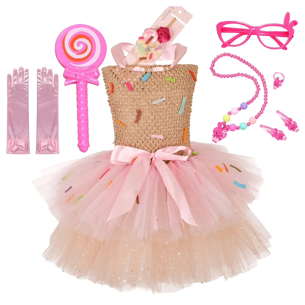 Girls Candy Dress Costumes for Purim Party Newborn Baby Teenagers Handmade Lollipop Cosplay Rainbow Mesh Princess Dress