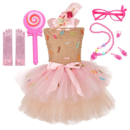 Girls Candy Dress Costumes for Purim Party Newborn Baby Teenagers Handmade Lollipop Cosplay Rainbow Mesh Princess Dress