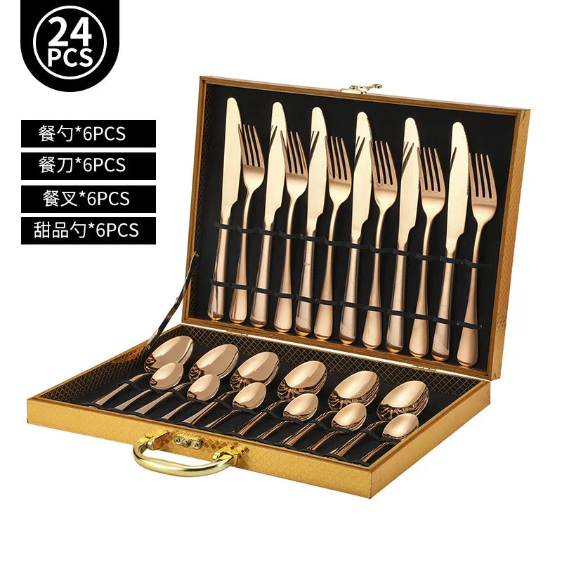 24pcs Golden Tableware Set Light Luxury Stainless Steel Cutlery Fork Knife Spoon Dinnerware Set Minimalist Decor with Gift Box
