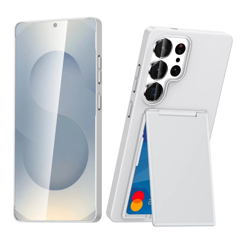 Luxury Solid Color Matte Wallet Card Slot Bracket Phone Case For Samsung S25 Ultra Edge S23 S24 Ultra Plus Bumper Back Cover