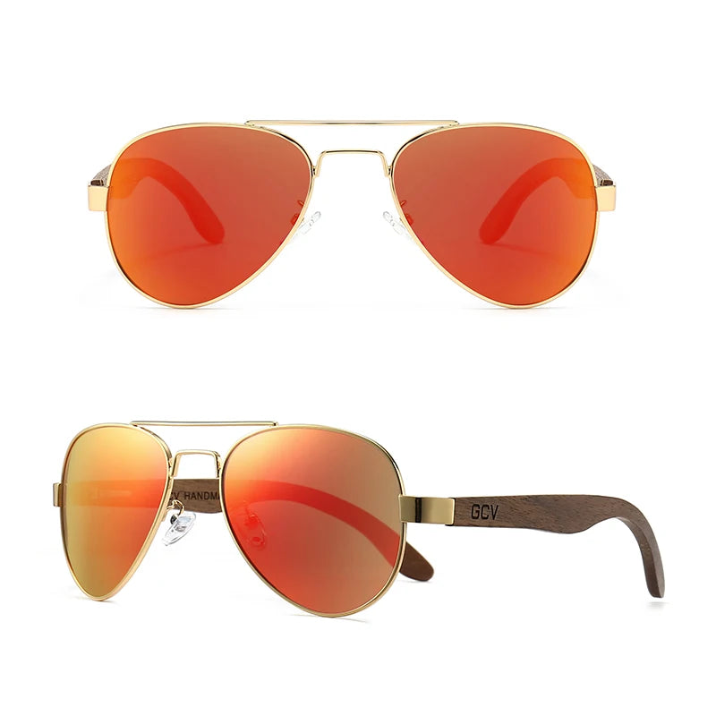 Handmade Wooden Pilot Polarized UV400 Mirror Sunglasses for Men Walnut Retro Eyewear
