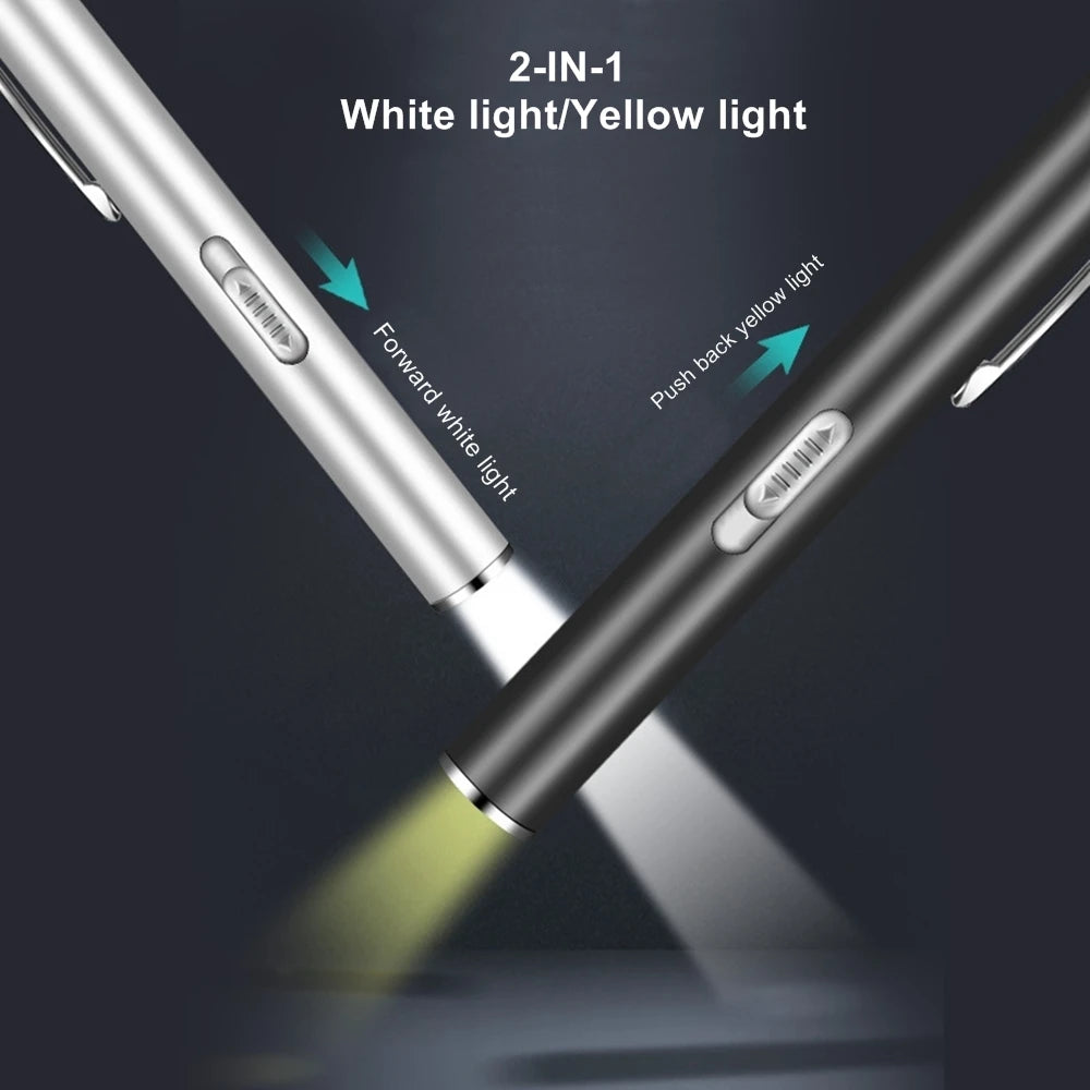 2 Pack 2 In 1 White Yellow Rechargeable Mini Pen Light Flashlight