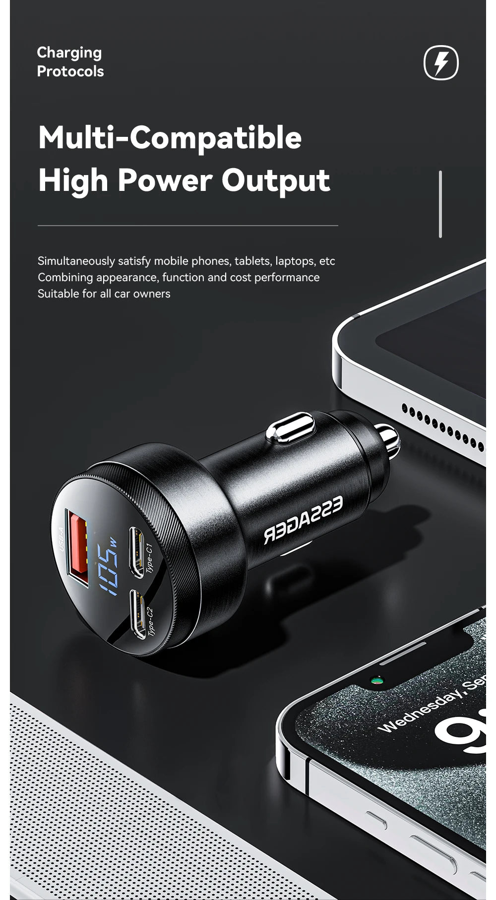 105W USB C Car Charger 3 Port PD 3.0 QC 4.0 Fast Charging GaN Adapter with Digital Display