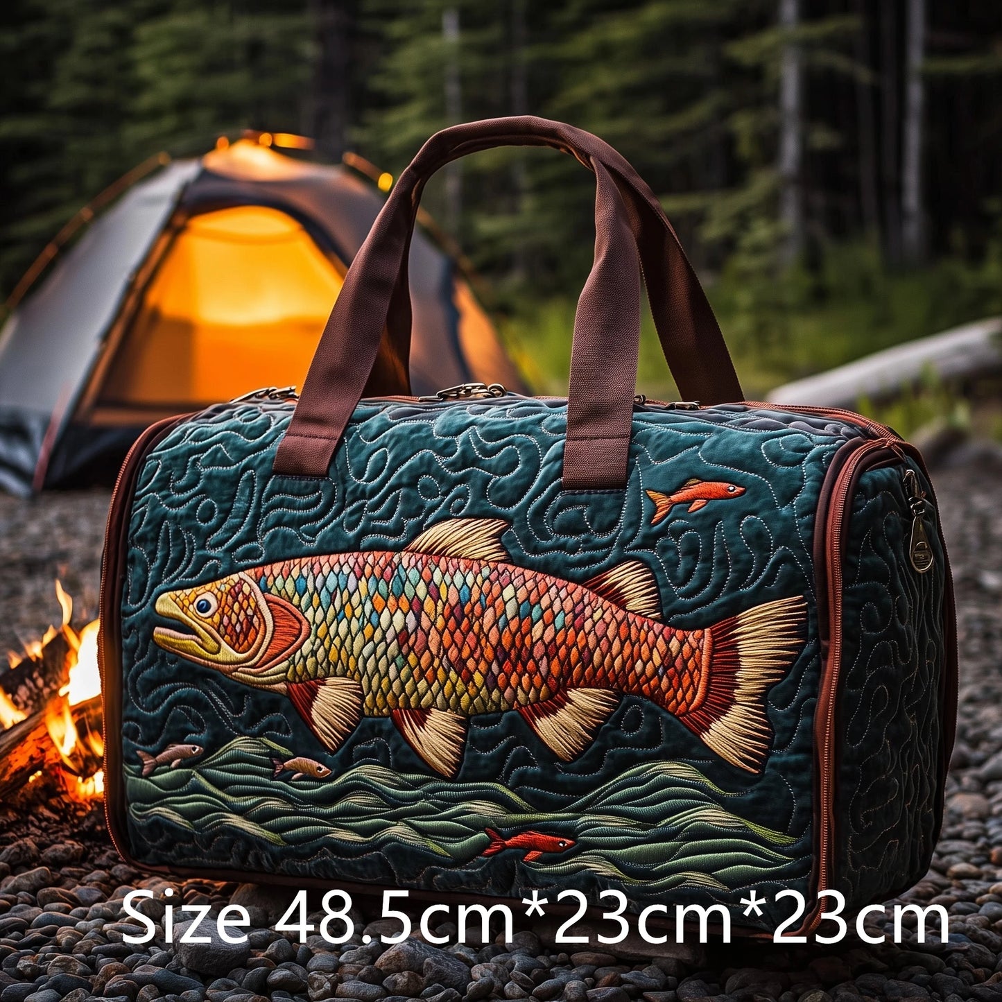 Trout Fishing Quilted Duffel Bag Outdoor Waterproof Gear Bag with 3D Fish Printed Camping Weekender Bag for Anglers Men's Gift