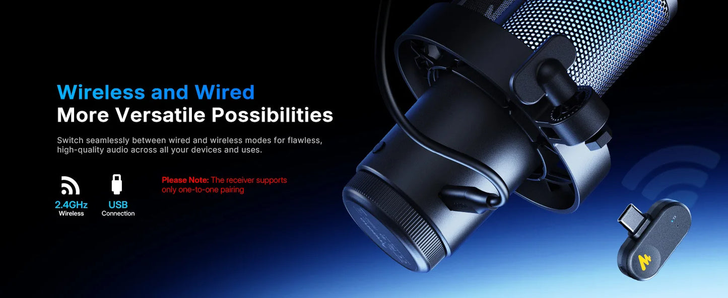 Wireless USB Gaming Microphone with AI Noise Reduction and RGB Lighting