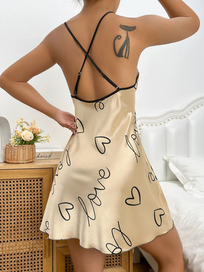 Heart Print Nightdress Elegant Scoop Neck Criss Cross Back Sleep Dress  Women's Sleepwear