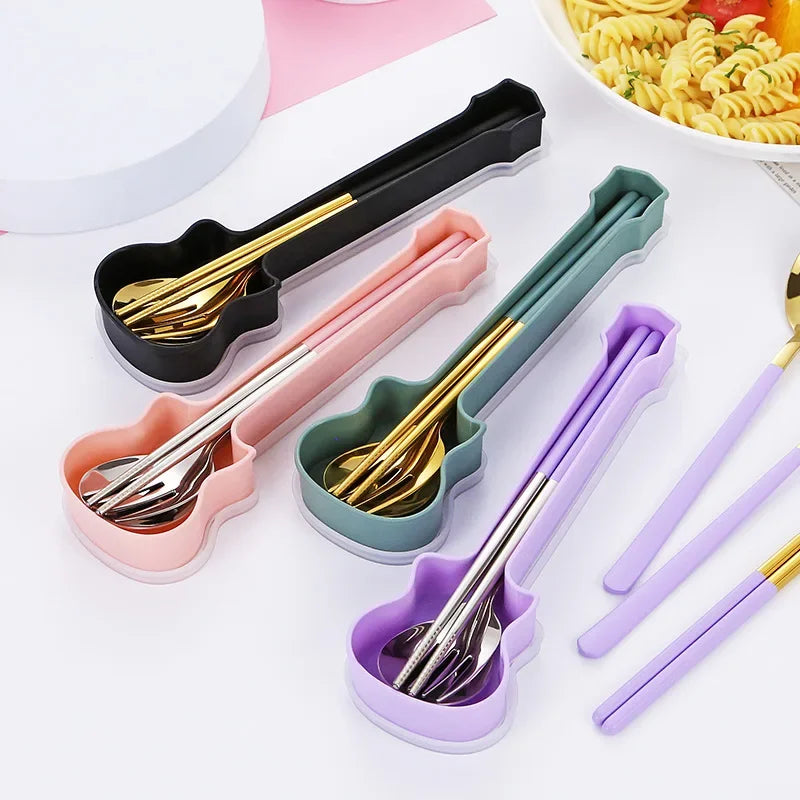 2/3Pcs Cutlery Set Fork Spoon Chopsticks Dinnerware Set 304 Stainless Steel Portable Travel Flatware Guitar Box