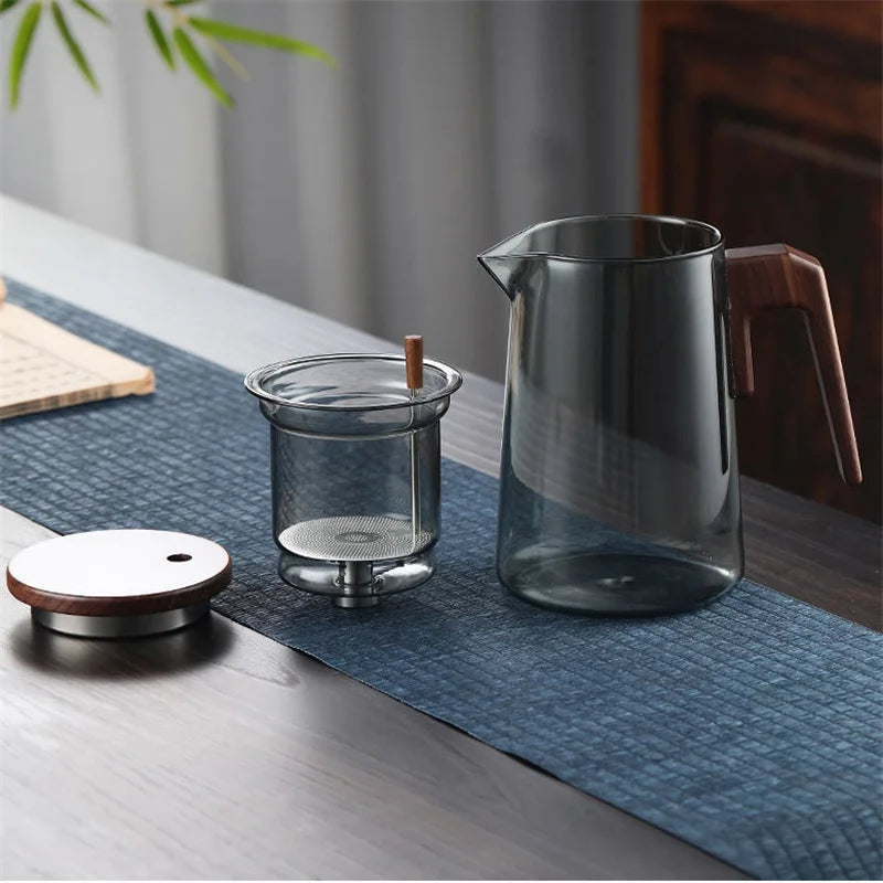 One Click Tea Separation Glass Teapot with Wood Handle
