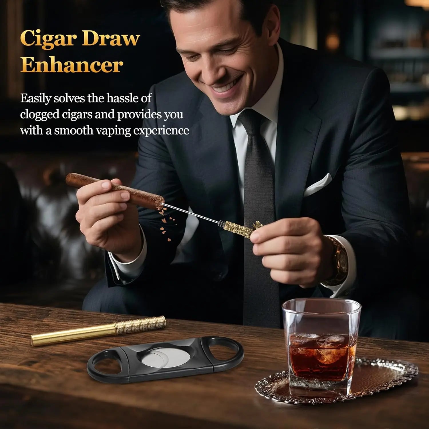 Cigar Humidor, Leather Travel Cigar Humidor, Include Cedar Wood Slot Tray, Cigar Draw Enhancer and Multifunction Cigar Cutter