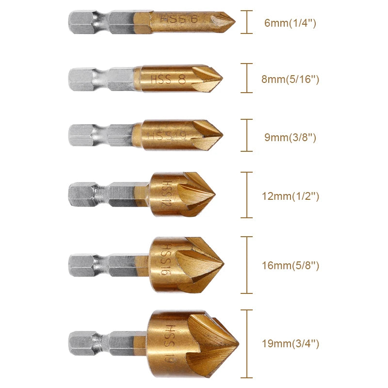 6PCS 1/4'' Countersink Drill Bit Set Hex Shank HSS 5 Flute Countersink 90 Degree Wood Chamfering Cutter Chamfer Tools 6mm-19mm