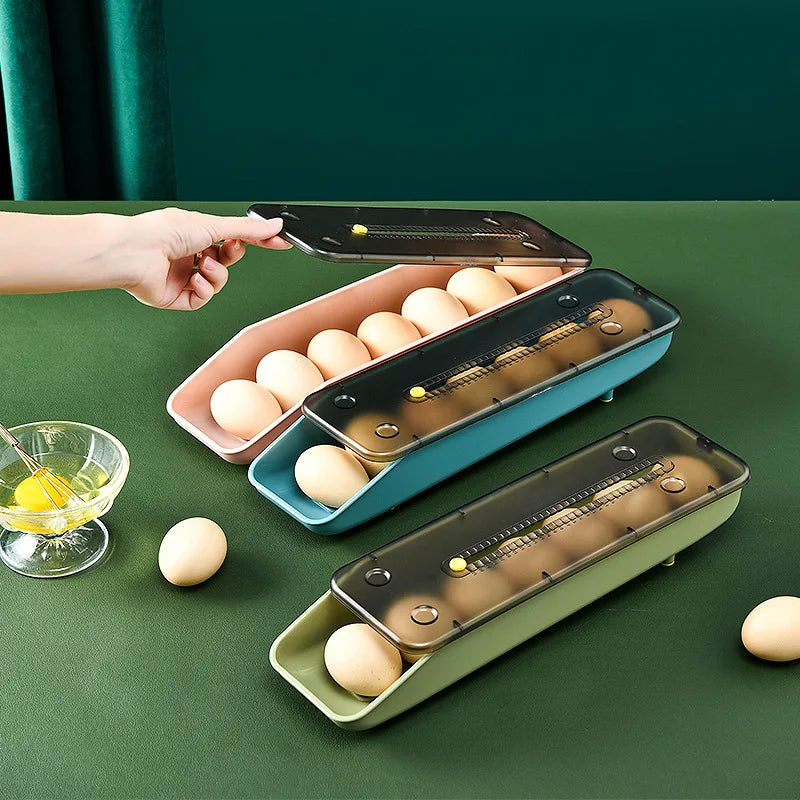 Automatic Rolling Egg Storage Box – Plastic Refrigerator Egg Holder Tray Kitchen Storage Container