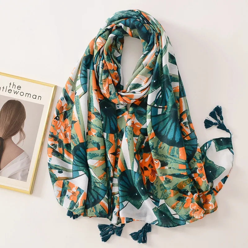 Beige Coffee Scarf Luxury Thin Women Scarves Spring Floral Hijab Veils Soft Cotton Shawl Wrap Tassel Viscose Muslim Woman Hijab