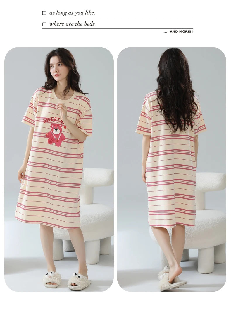 Women’s Cotton Nightgown – Korean Style Cute Print, Summer Short Sleeve Sleepwear Dress