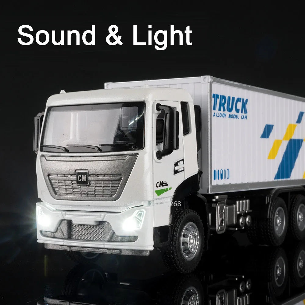 1:32 Scale Container Truck Fire Trucks Model Car Toy Pull Back Music Light Metal Diecast Doors Opened Vehicles Toys for Gift