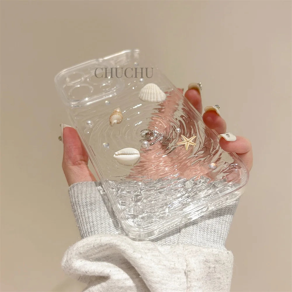 INS Seashell Starfish Conch Pearl Water Ripple Creative Clear Phone Case For iPhone 15 14 13 Pro Max Plus Soft Back Cover
