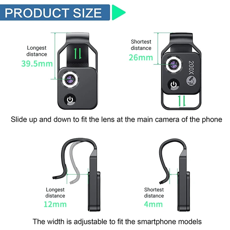 200X Smartphone Microscope Lens with LED Light Universal Clip