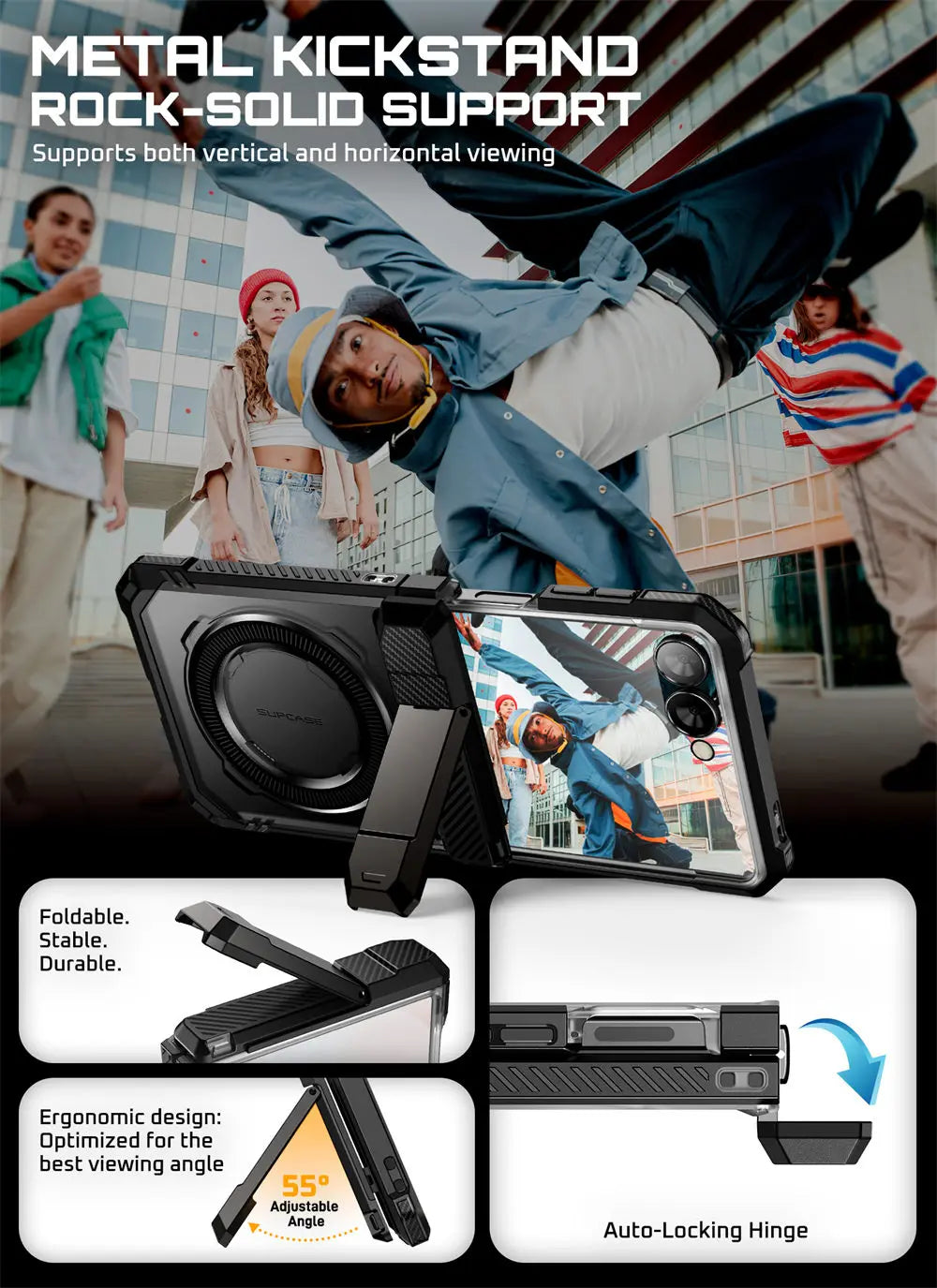 For Samsung Galaxy Z Flip 7 Case UB Grip Military-Grade Rugged Back Phone Case with Stand & Front Screen Protector