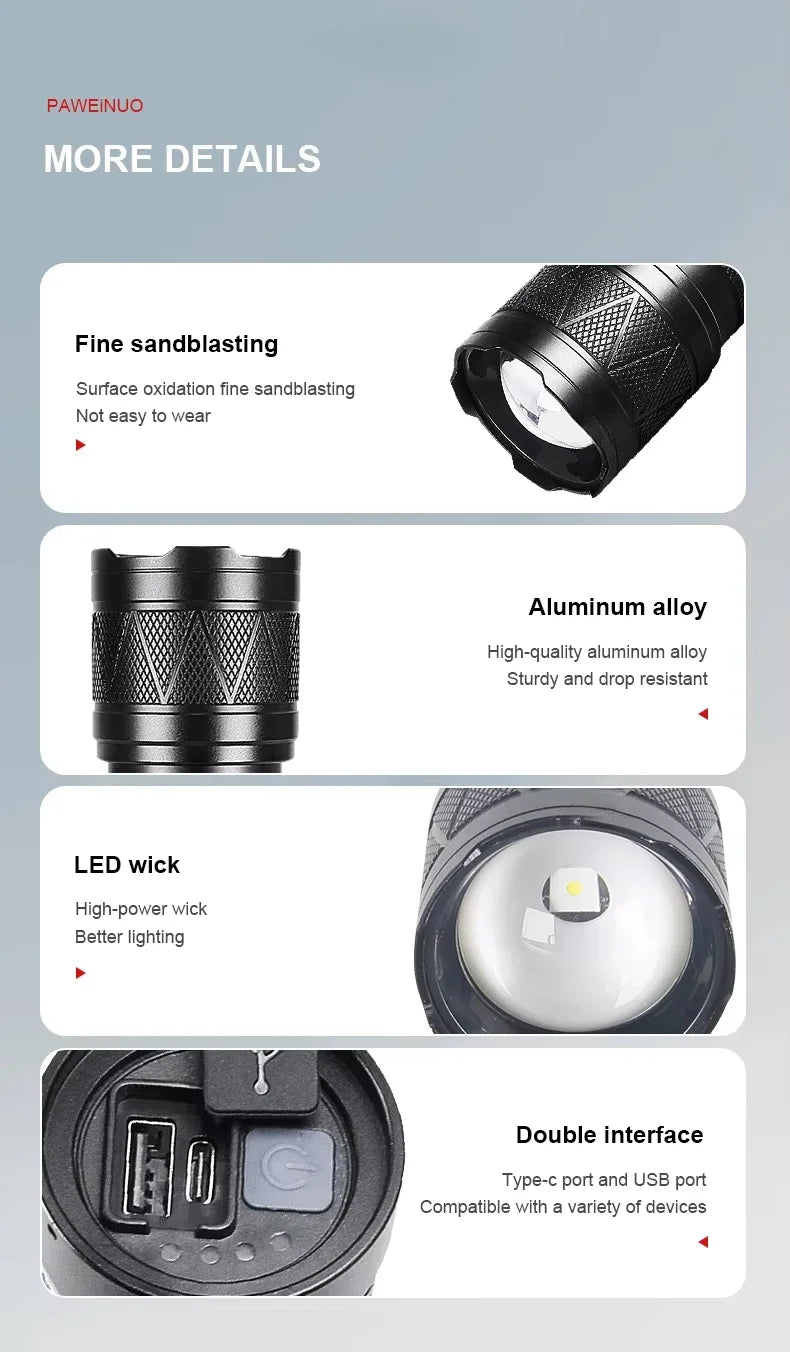 Ultra Bright LED Flashlight 12000mAh Rechargeable Zoomable Tactical Torch IPX6 Waterproof Power Bank