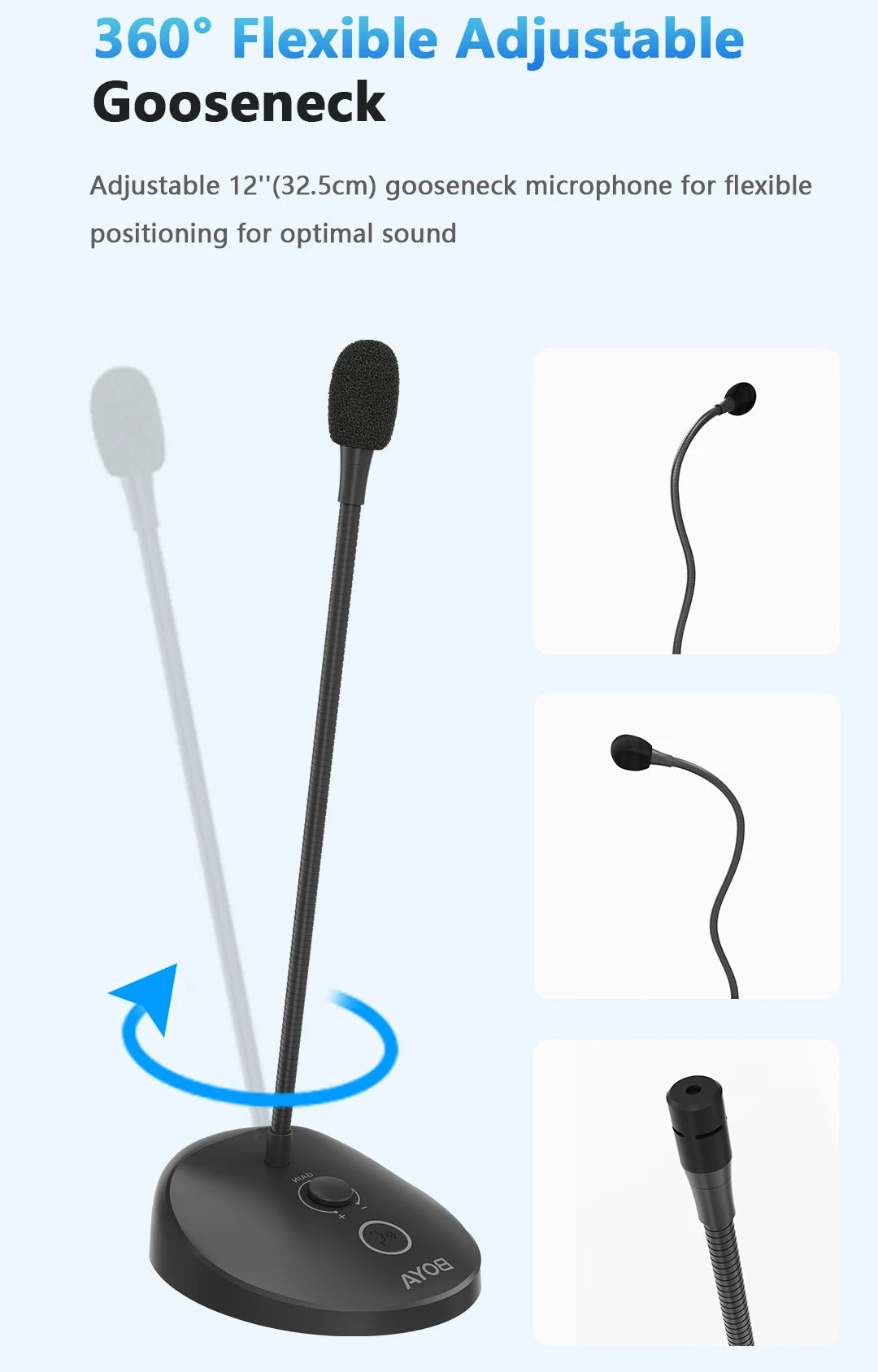 BY-GM12 Desktop Gooseneck Computer Microphone with Base LED Indicator for Meetings Video Conferences Streaming Lectures