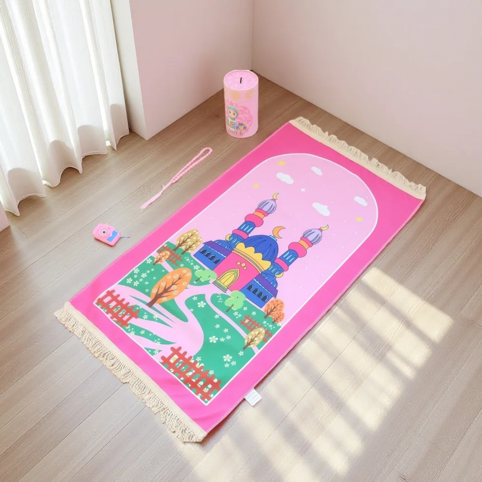 Muslim Prayer Rug Beads Cylinder Box Set Janamaz Sajadah Children Prayer Mat Islamic Gift for Ramadan Islamic