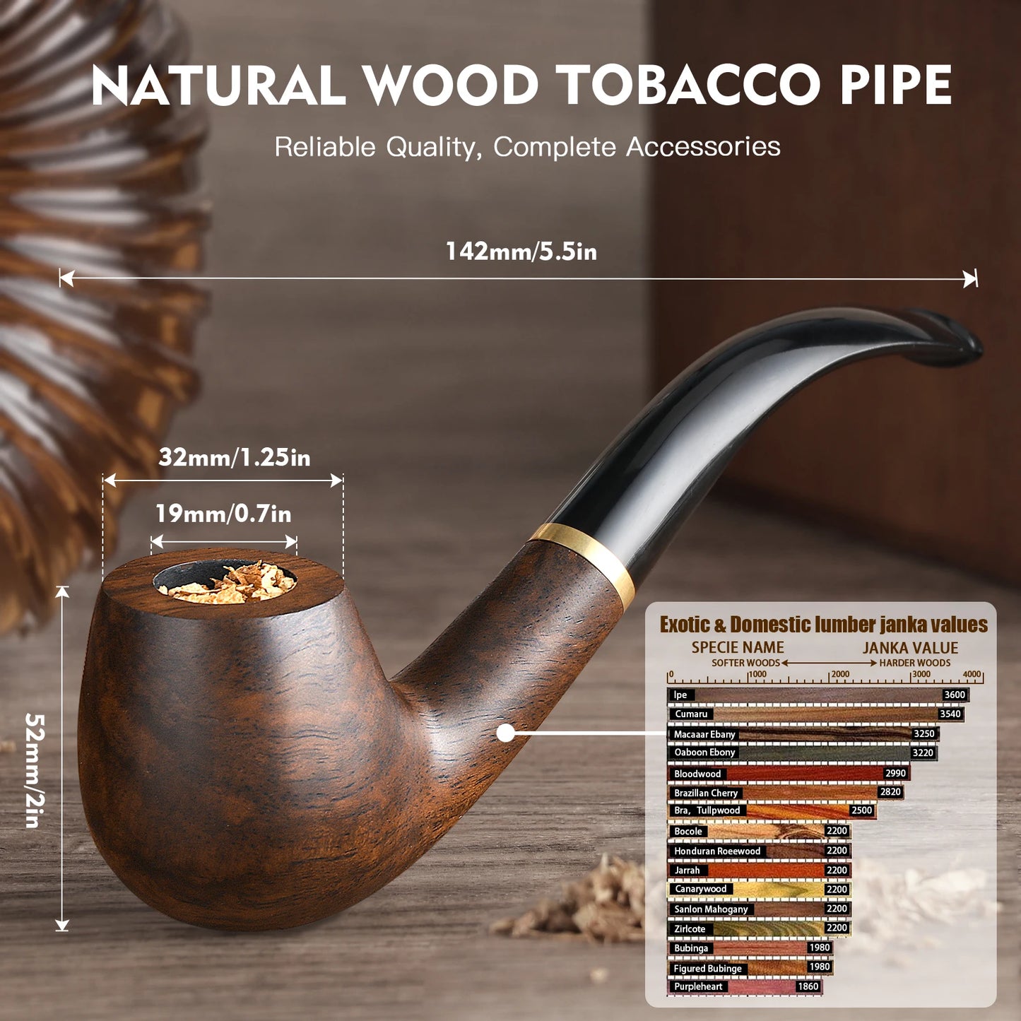 Tobacco Pipe Handmade Ebony Wood Root Smoking Pipe Gift Box and Accessories