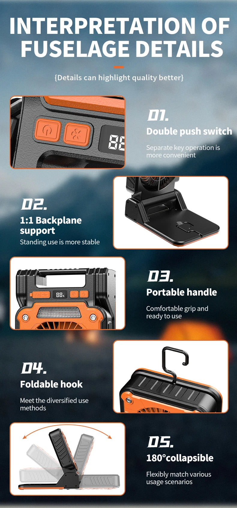 Outdoor Solar Rechargeable Camping Fan Light Foldable Tent Lantern with LED Light USB Portable