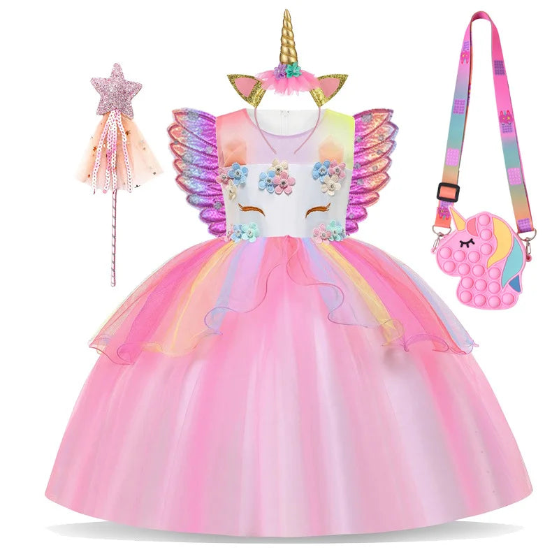 Rainbow Unicorn Princess Dress with Bow and Tulle Skirt Birthday Party Costume