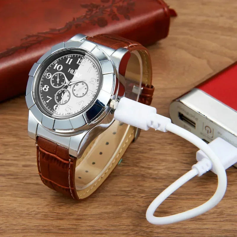 Silent Heating Wire Quartz Electronic Watch Lighter Metal Multifunction Cigarette Lighter USB Charging Silicone Watch Men's Gift