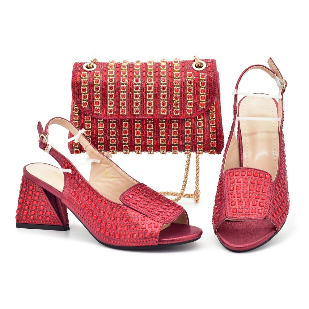 Nigerian Women's Purple Color Mid Heels Frosted Crystal Shiny Rhinestone Party Itaian Design Peep Toe Shoes and Bag Set