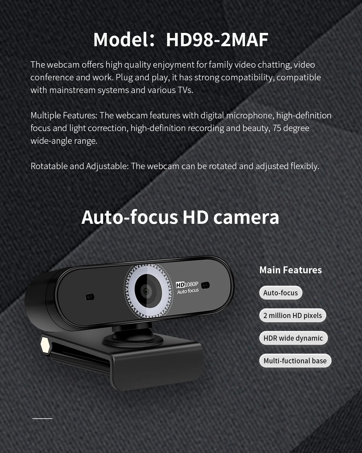 Webcam 2MP 1080P HDR Built-in Microphone 30fps Auto-focus USB Web Cam for Video Conference Online Teaching Boardcast Camera