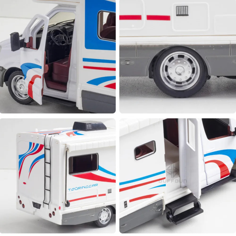 1:32 Alloy Diecast Touring Car Model Toys 3 Doors Opened Sound Light Campervan RV Trailer Vehicles s Toy Gift Collection