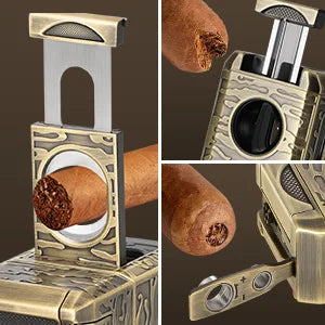 Cigar Lighter, 7-in-1 Cigar Lighter, Dual-Flame Windproof, Built-in Dual Punch, V-Cut, Flat Cut, Cigar Holder (No Butane)