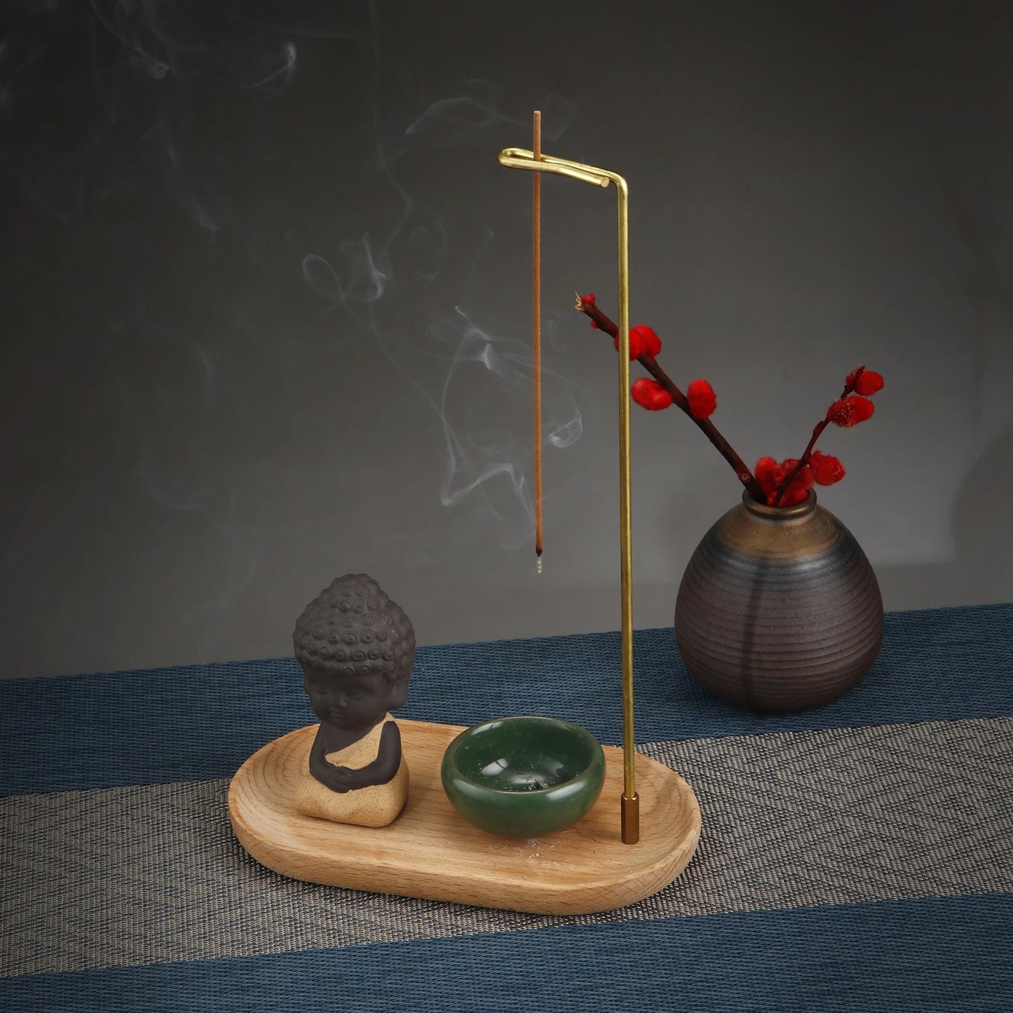 Creative Ceramic Little Monk Incense Burner Set Brass Smoke Backflow Incense Holder with Wooden Incense Tray Ceramic Ash Catcher