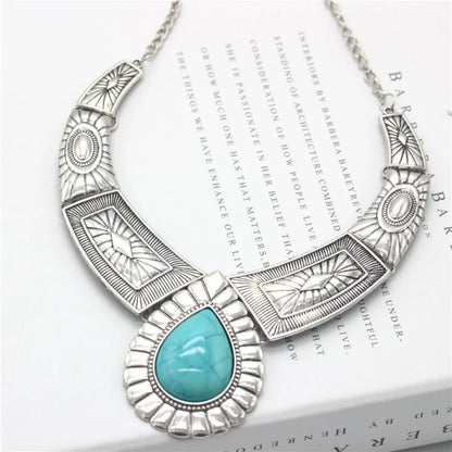 Girls Jasmine Dress Up Jewelry Aladdin Cosplay Metal Exaggerated Droplet Tnecklace with Retro Turquoise Pattern Collarbone Chain