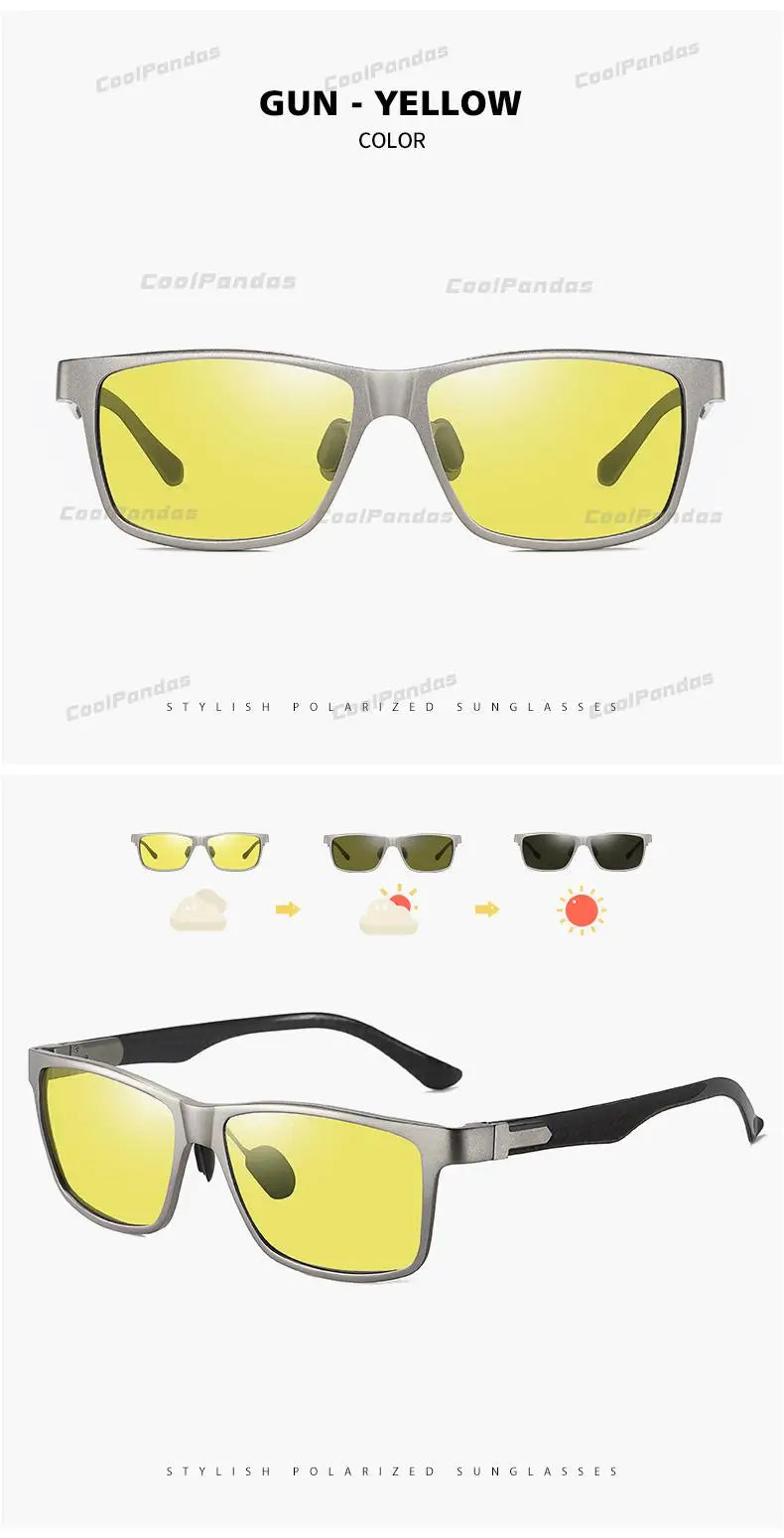Carbon Fiber Square Photochromic Polarized UV400 Day Night Driving Sunglasses for Men Women