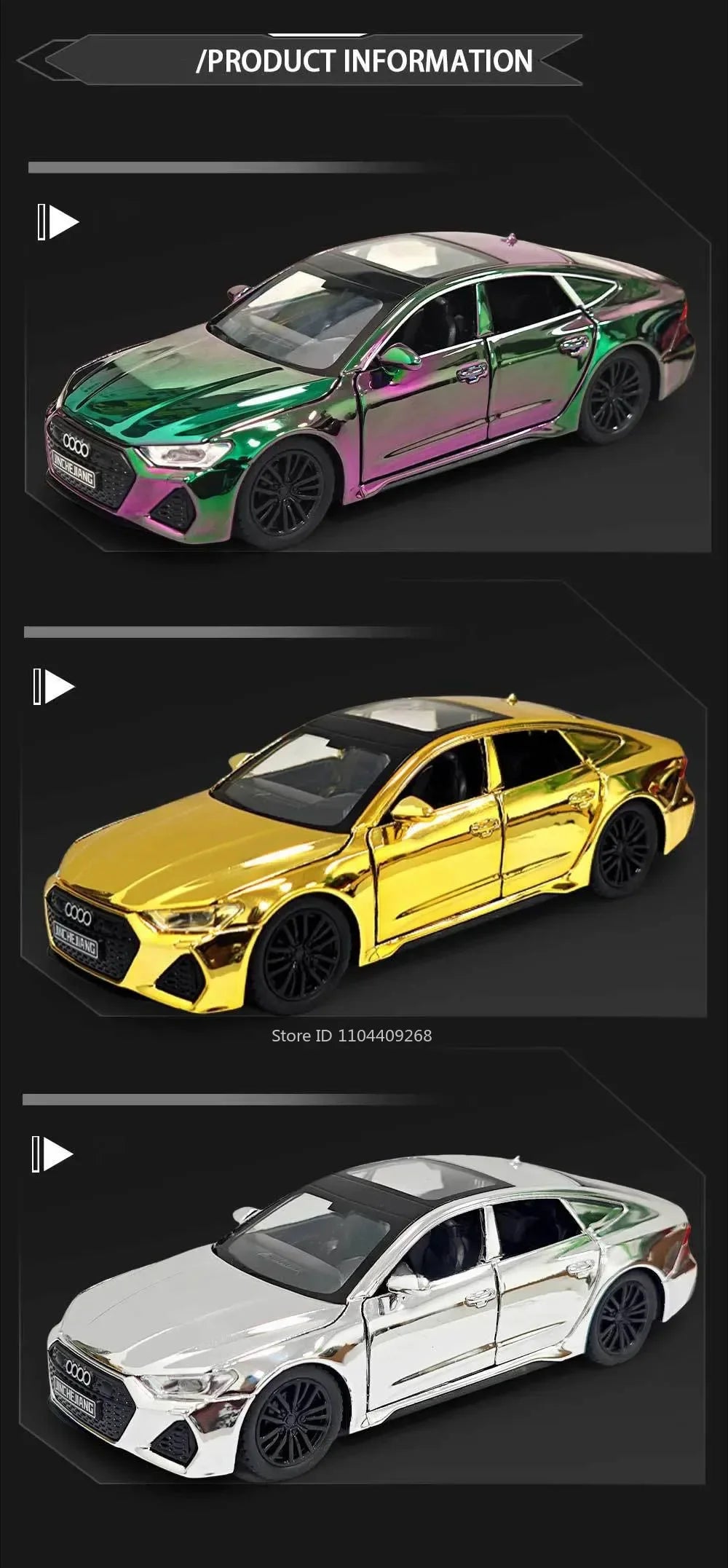1:32 Scale RS7 RS6 Sports Car Toy Model Light Sound Pull Back Diecast Metal Miniature Vehicles Models Desktop Ornaments