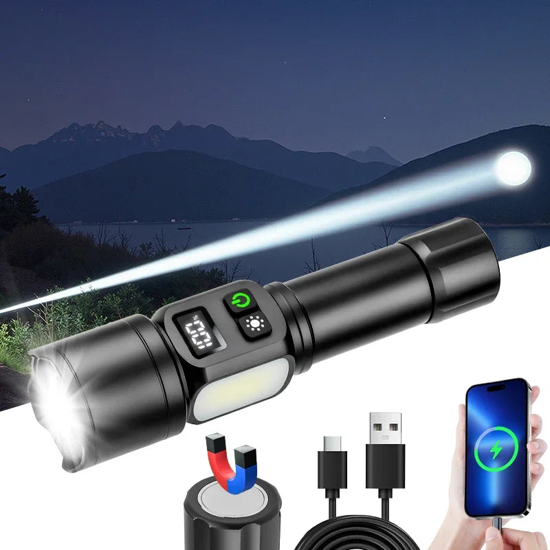 White Laser High Power Rechargeable LED Flashlight with Digital Display Magnet COB Side Light Zoom Torch