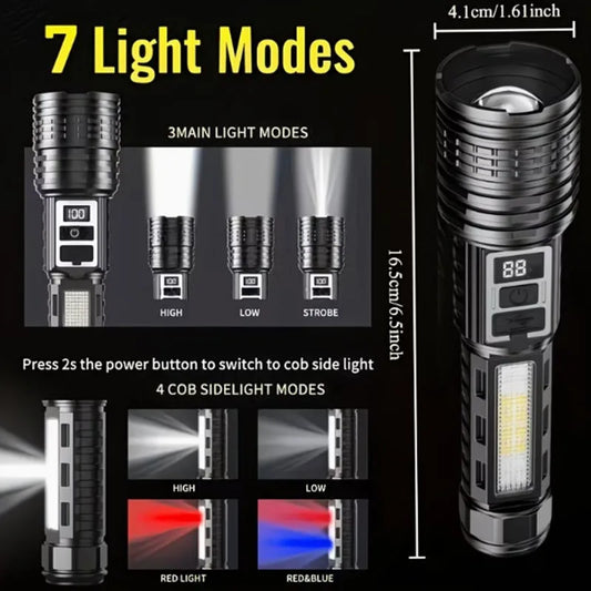 High Power Rechargeable LED Flashlight With COB Side Light And Zoom