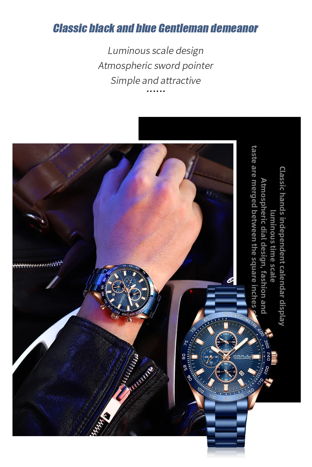 Men Watch Fashion Sports Chronograph Wristwatches Stainless Steel Strap with Auto Date