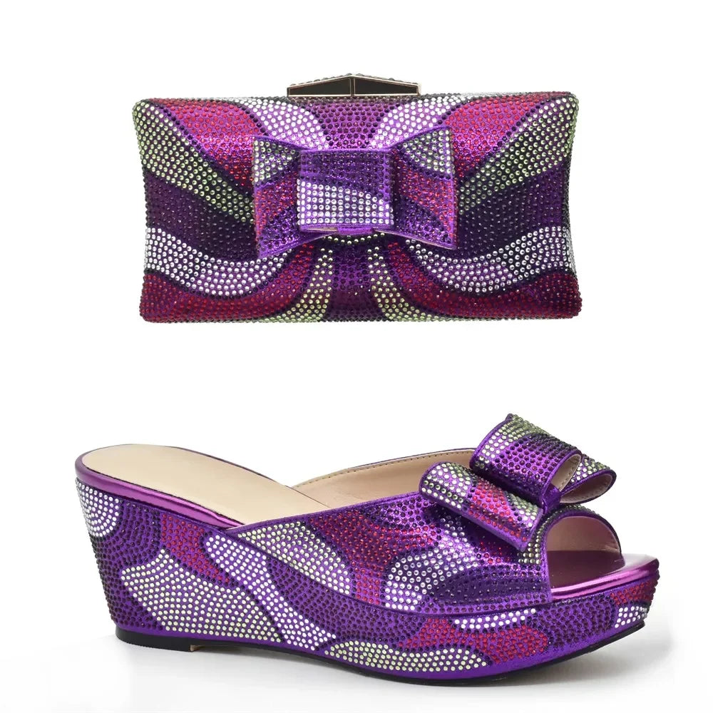 Design Italian Shoes and Bags Matching Set Decorate with Rhinestone Wedges Shoes for Women Luxury Round Toe Platform Shoes