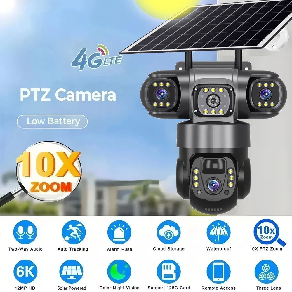 12MP 6K  Outdoor Solar 4G Camera Three Lens Three Screen PIR Motion Detection Cam Waterproof Night Vision Smart Security CCTV