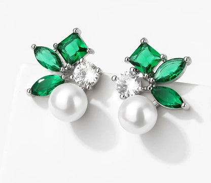 Green Leaf Shape Pearl Stud Earrings for Women Cute Round Marquise Zircon Earring