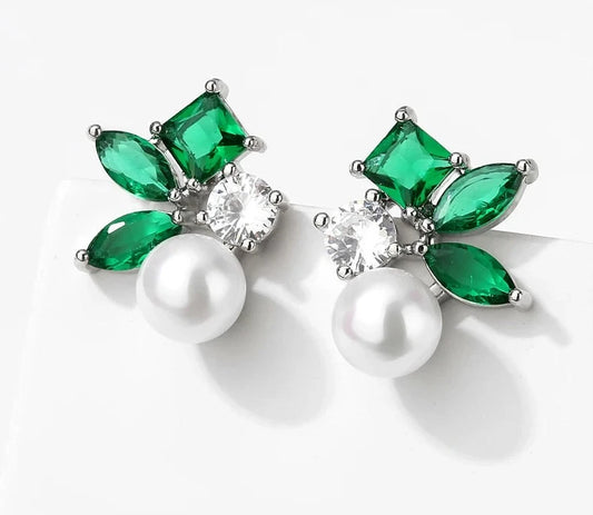 Green Leaf Shape Pearl Stud Earrings for Women Cute Round Marquise Zircon Earring