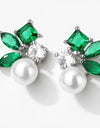 Green Leaf Shape Pearl Stud Earrings for Women Cute Round Marquise Zircon Earring