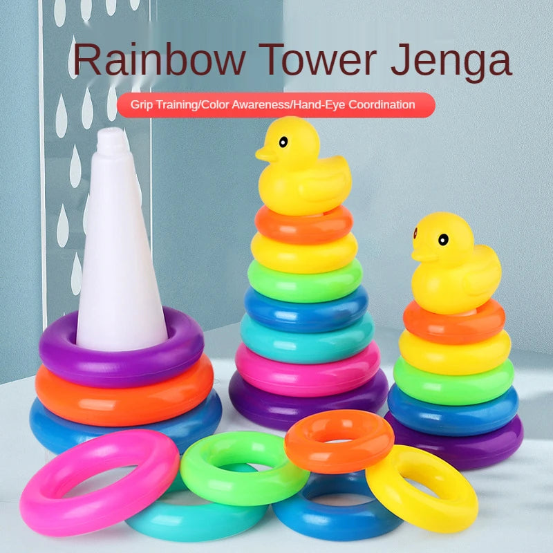 Children's Little Yellow Duck Rainbow Tower Stacking Circle Baby Early Childhood Education Puzzle Ring Montessoris Toy Kids